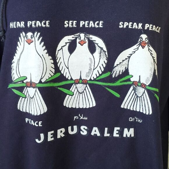 Jerusalem hoodie, XL navy blue, with three white doves. Excellent used condition - Picture 2 of 8